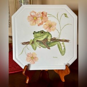 Hand painted Frog on porcelain tile | Is it smiling? Simply beautiful | 8” x 8”